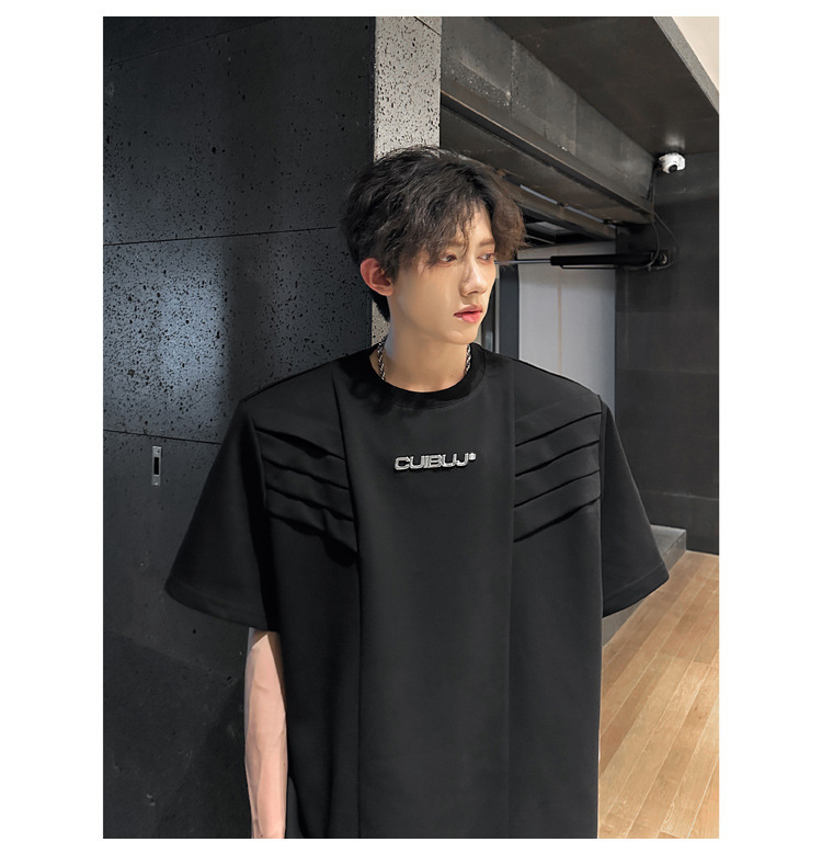 European and American high street original design sense T-shirt for men, multi-layered structure shoulder pad short-sleeved, summer American-style heavy half-sleeved pic 9