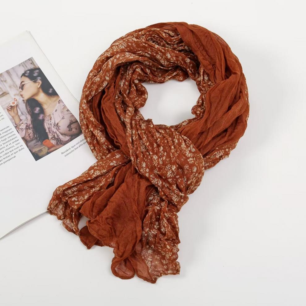 春秋麻花围巾褶皱简约百搭丝巾韩版外贸碎花披肩巴厘纱围巾女围脖详情10