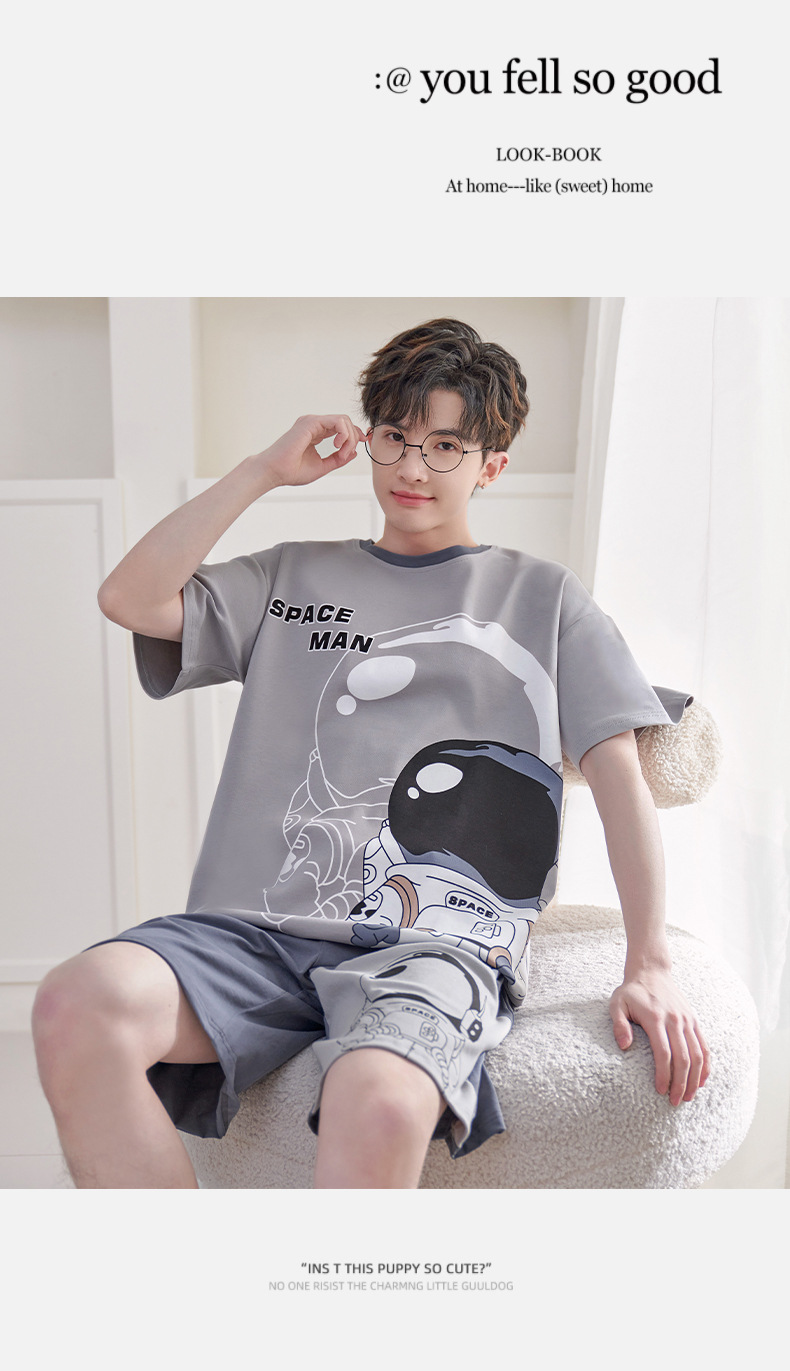 睡衣男夏季短袖薄款纯棉卡通青少年中学生加大码家居服中大童套装详情12