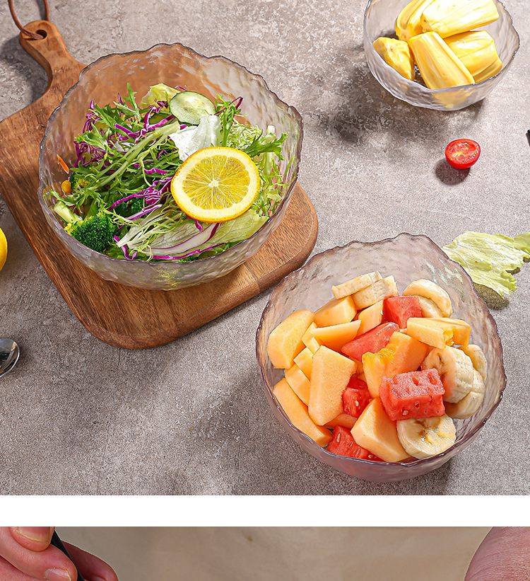 Glass fruit plate, large household salad bowl decoration, snack arrangement, hammer-patterned transparent creative Japanese dessert plate pic 16