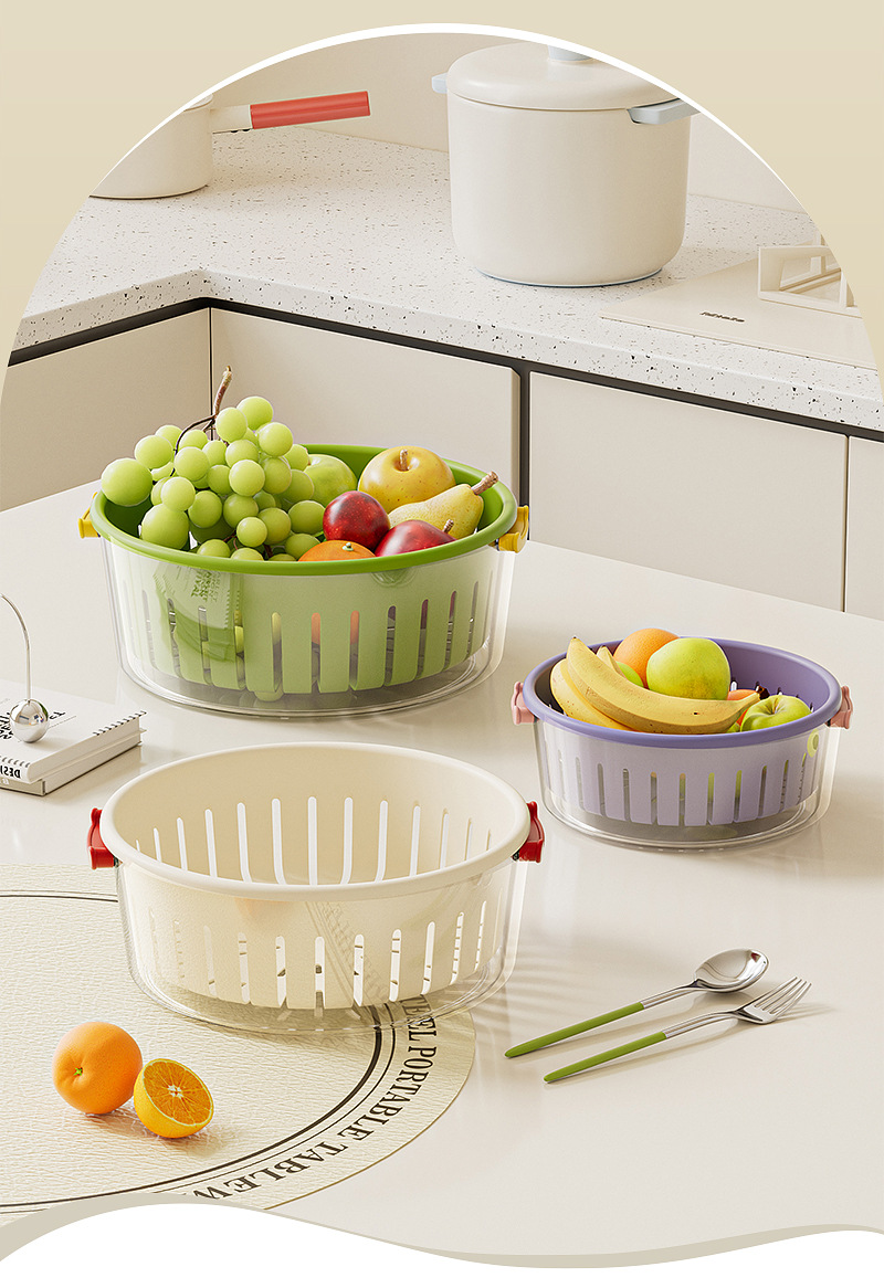 Fruit draining basket, double-layer high appearance level, multi-functional kitchen household vegetable washing basin, large-capacity hollowed-out draining basket pic 2