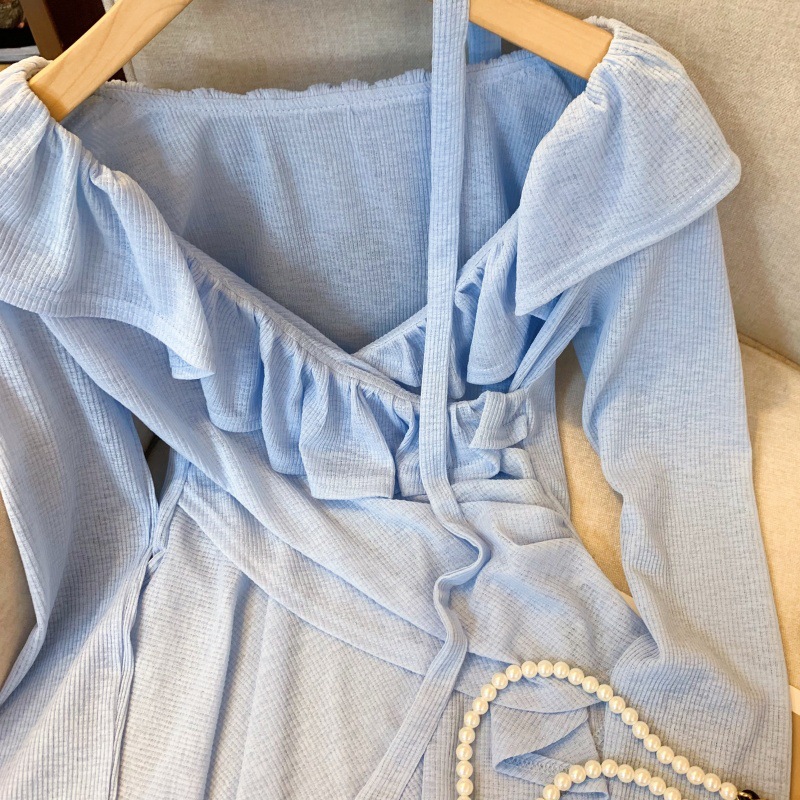 实拍~纯欲甜美荷叶边飘带一字肩收腰褶皱天丝上衣不规则衬衫详情4