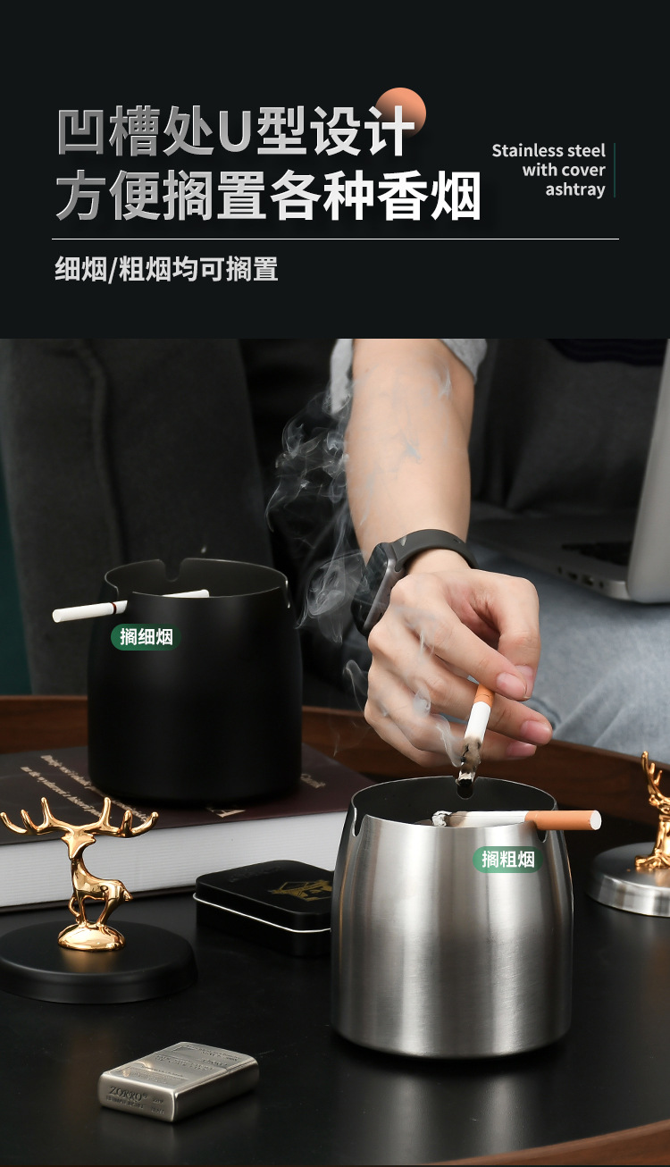 创意不锈钢带盖烟灰缸加厚防风家用酒店餐厅礼品ktv广告logo批发详情7