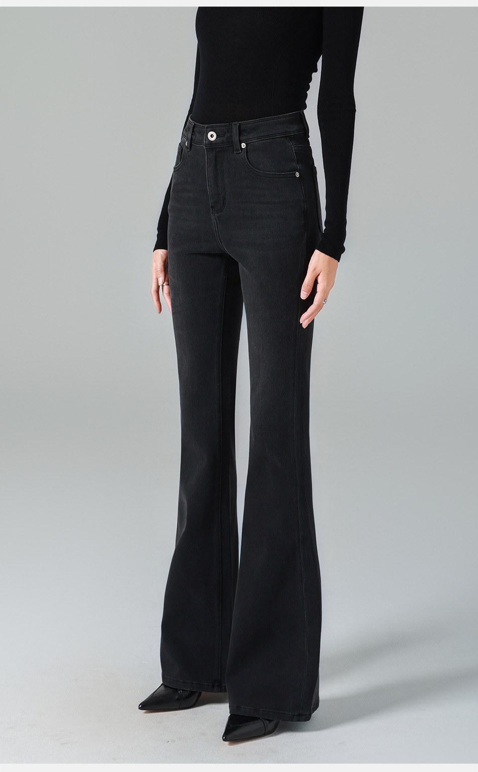 Fleece/black and gray high-waisted Jeans for women, slightly flared, four-sided elastic, slimming, 25 autumn and winter new, lifting the buttocks, tight pic 29