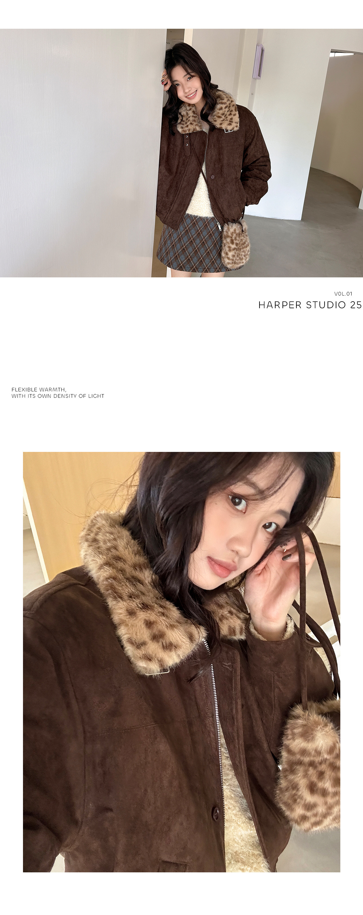 高级感麂皮拉链短款外套女冬季新款豹纹毛毛领宽松百搭保暖大衣详情13