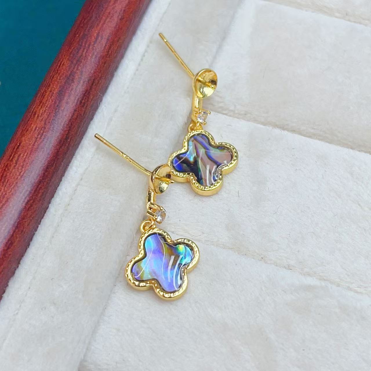 Original design freshwater pearl copper plated with real gold four-leaf clover real shell stud DIY pearl earring accessories pic 6