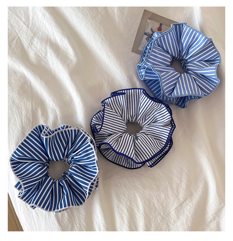 韩式蓝色条纹双层大肠发圈女时尚低马尾发绳学院风头绳皮筋头饰品详情5