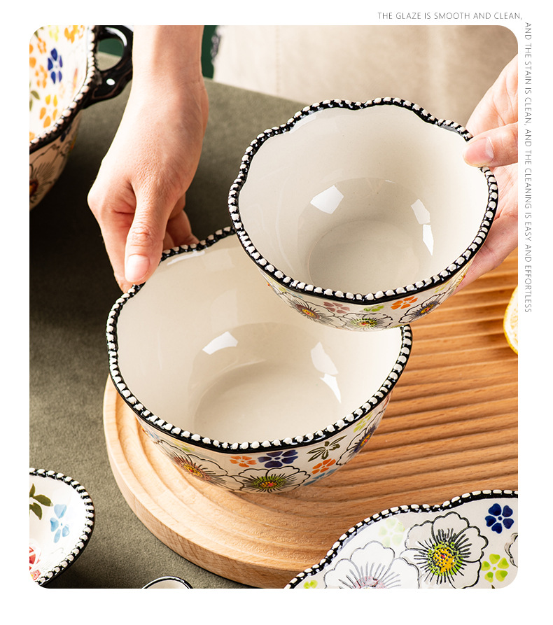 邦成陶瓷碗碟套装家用饭碗菜盘盘子餐具复古双耳碗面碗汤碗大碗详情8