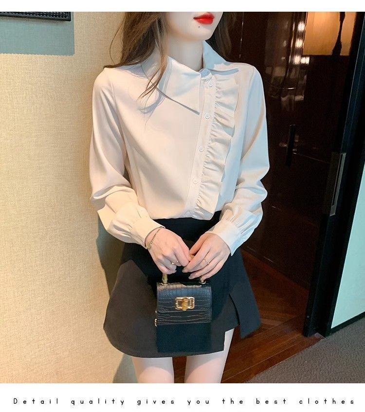 Irregular ruffled lapel shirt top for women, a unique and stylish autumn/winter 2025 new style shirt pic 10