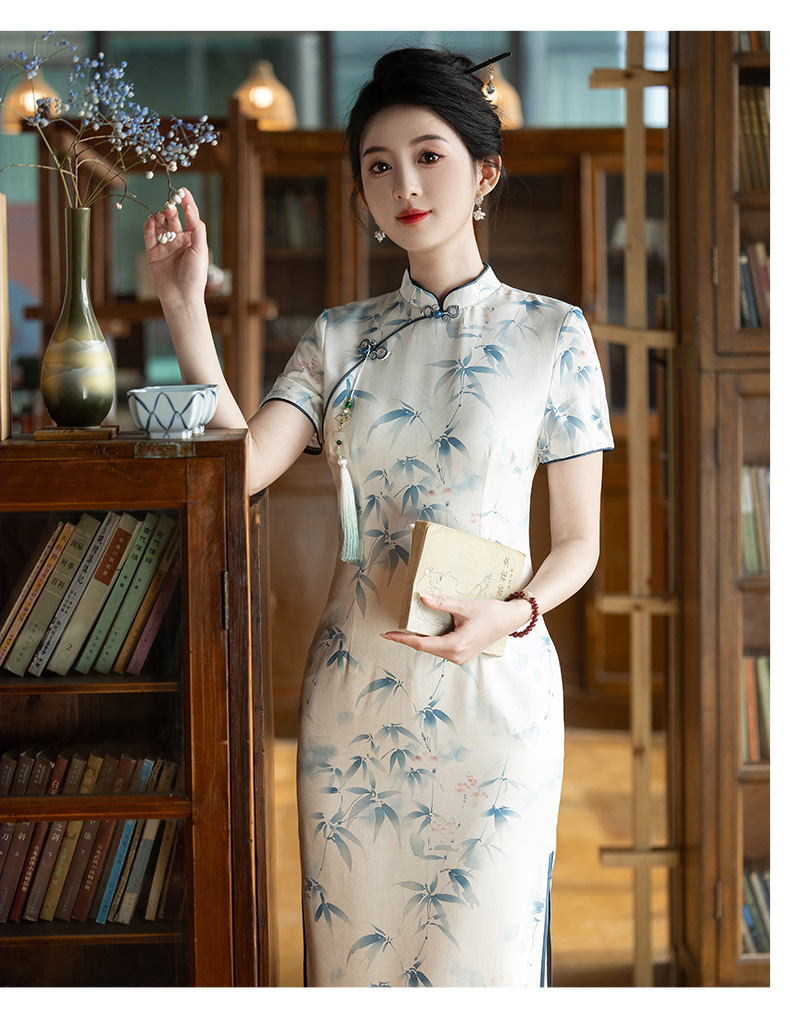 Fresh and elegant bamboo leaf long double-layer style slimming cheongsam short-sleeved new Chinese-style stand-up collar 2025 Summer new style pic 14