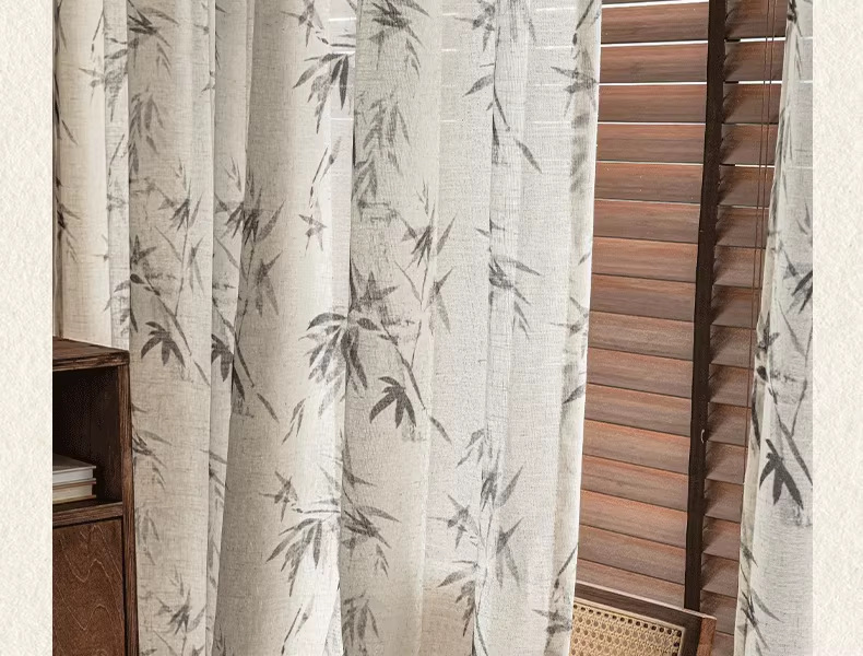 新中式国风印花麻纱水墨竹子高级感法风中古风透光不透人纱帘批发详情9