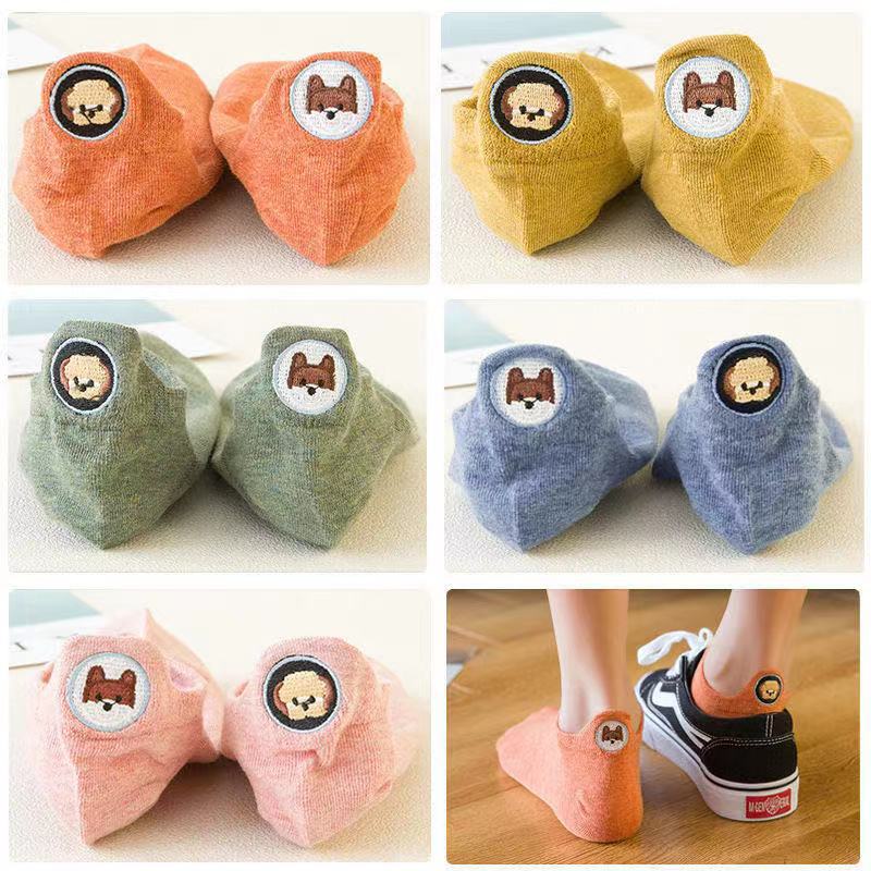 Summer solid-color embroidered couple short boat socks, cartoon-color gauze Korean version dog expression heart-shaped men and women personalized trendy socks pic 4