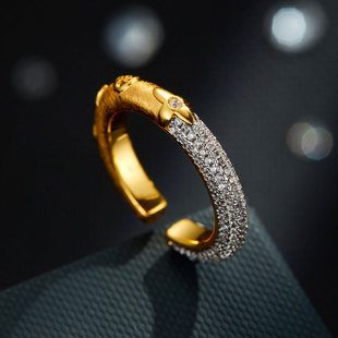 Light luxury Chinese-style bamboo joint open ring, copper alloy micro-inlaid zircon enamel oil drip pendant design, adjustable ring pic 6