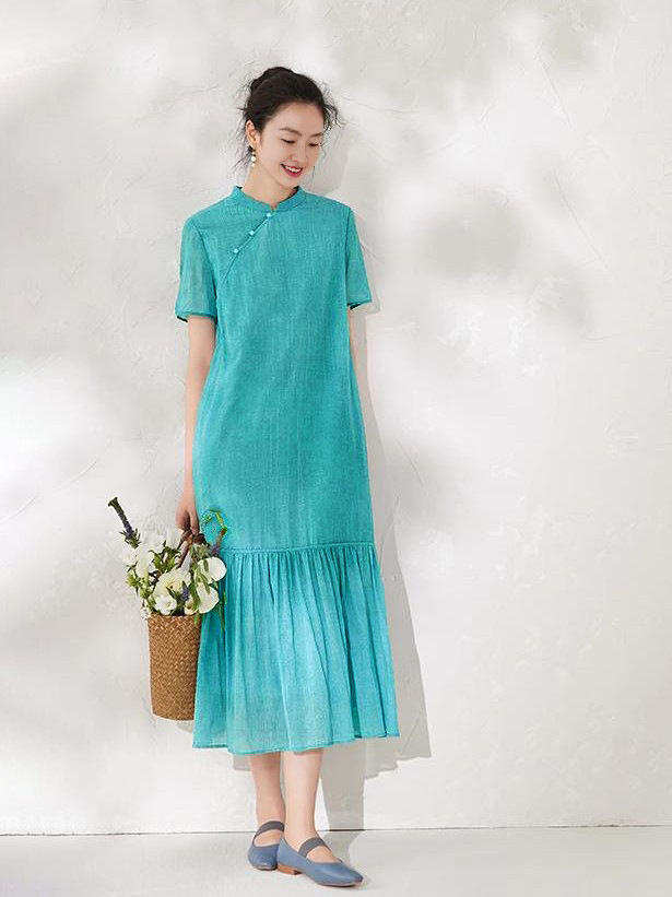 Summer long dress, new Chinese-style improved cheongsam dress with linen color stir-frying process, new elegant long dress for women pic 1