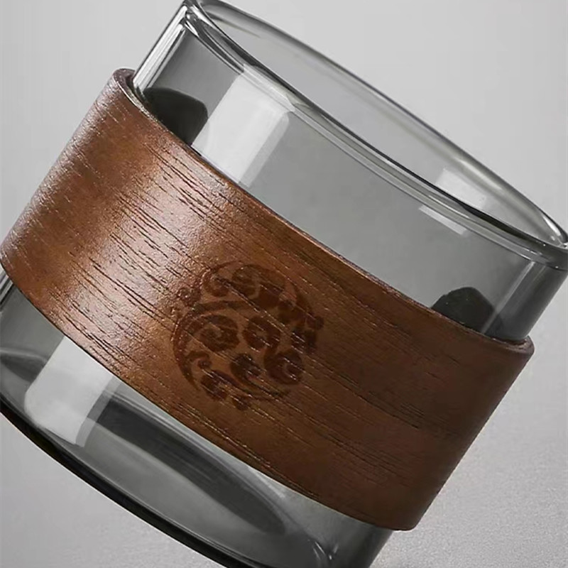 High borosilicate glass small tea cups, household reception tea cups, soot glass tea tasting cups, walnut wood ring heat-insulating tea cups pic 2
