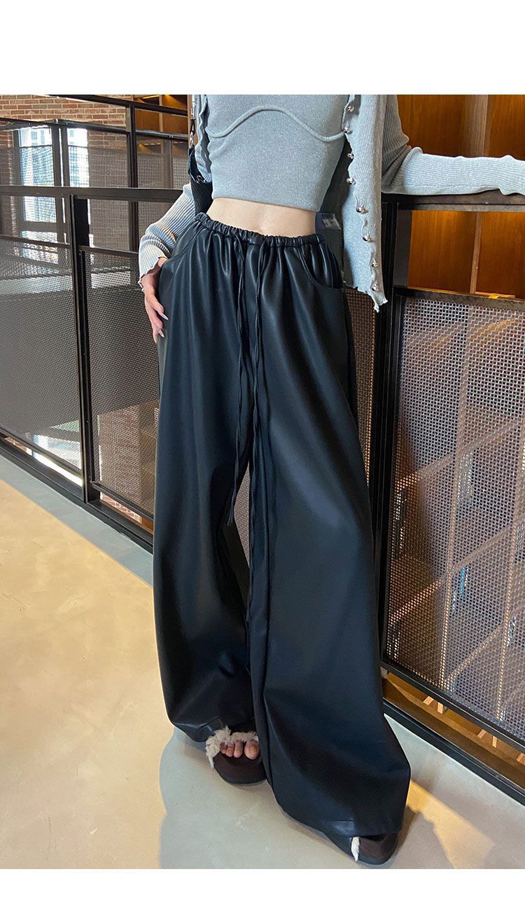 黑色皮裤阔腿裤女2025秋冬新款哑光PU皮休闲裤宽松显瘦直筒拖地裤详情10