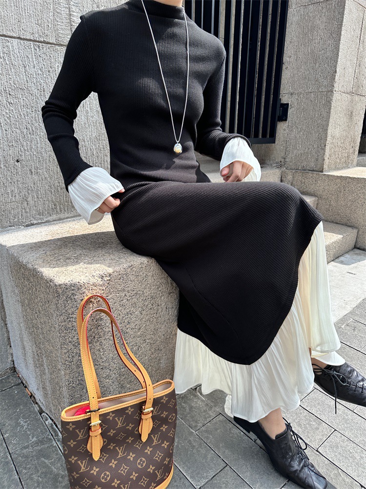 DIGM秋冬复古小香风不规则荷叶边收腰磨毛弹力针织连衣裙女10882详情27