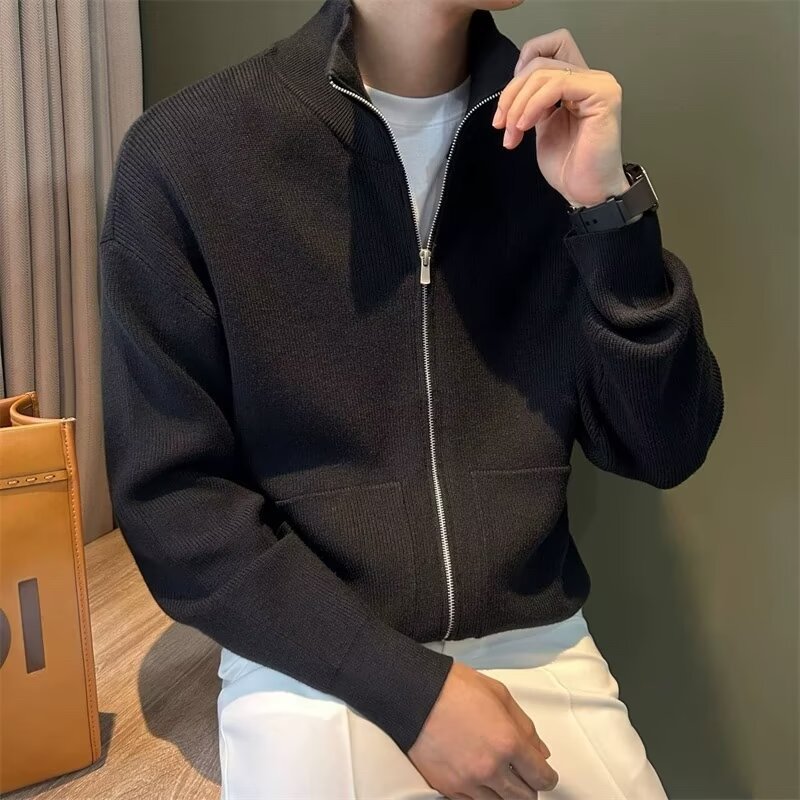 轻奢立领针织开衫外套男士春秋新款简约拉链纯色长袖毛衣男士上衣详情11