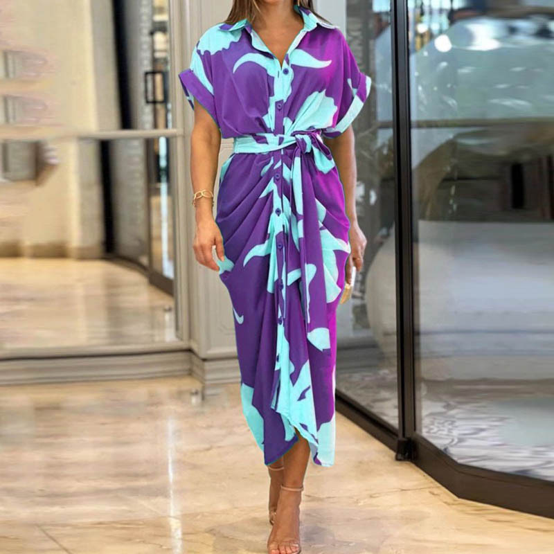 Printed Lapel Short-Sleeved High-Waisted Long Shirt Dress详情6