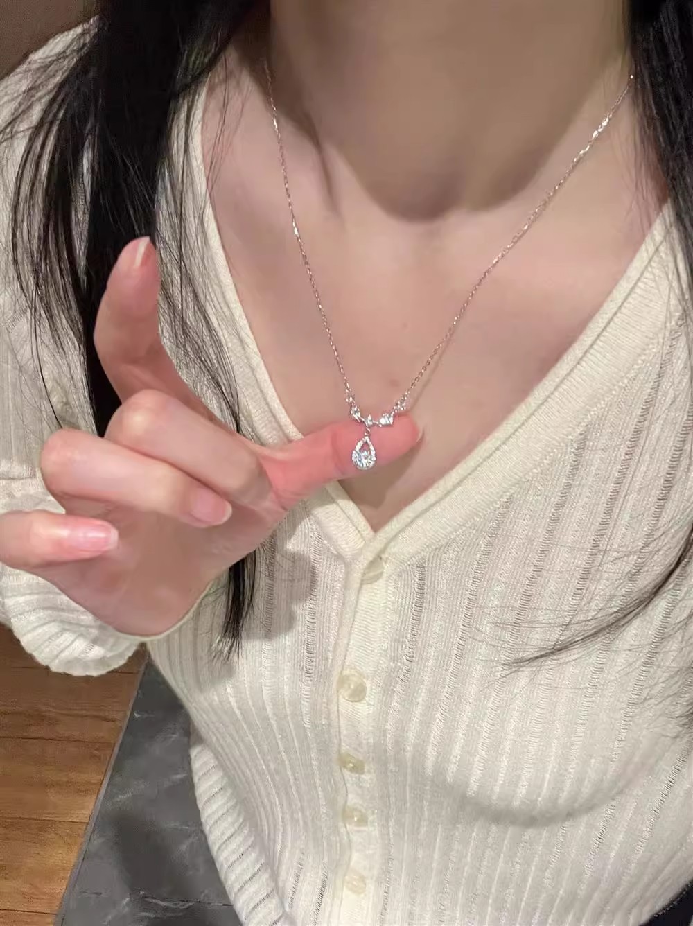 钛钢不掉色鱼人泪镀银项链女镶钻超闪轻奢小众精致时尚锁骨链颈链详情4