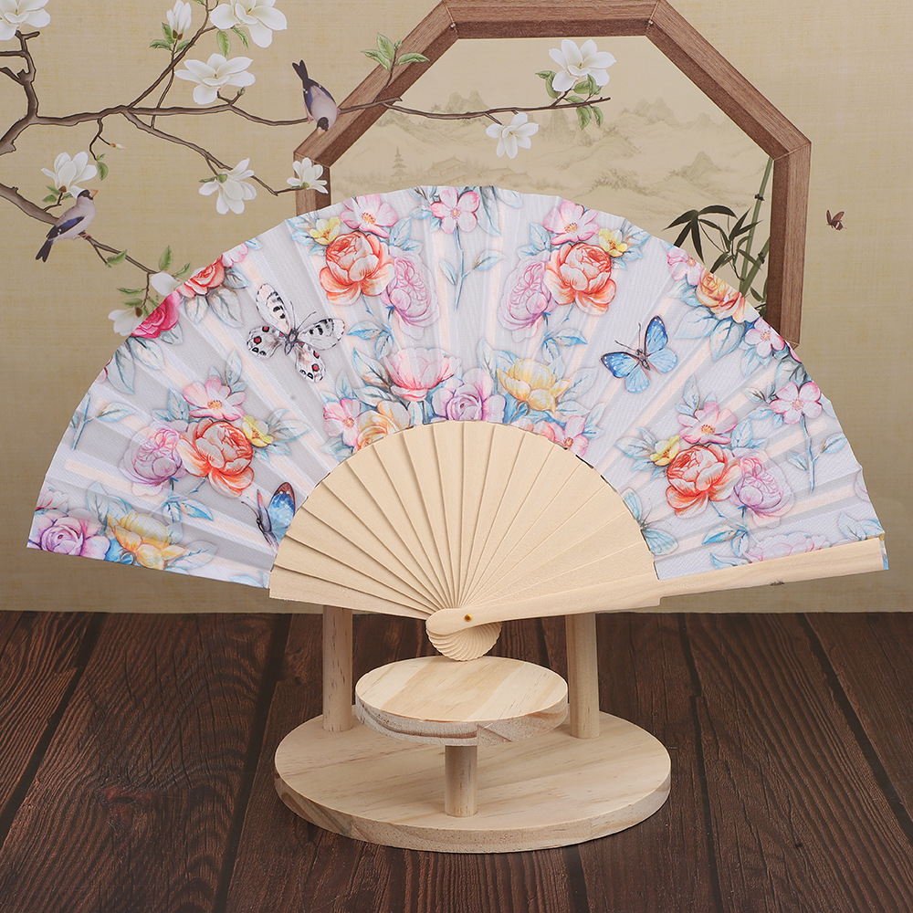 女士古风折扇色丁布扇子 原色骨冲花礼品促销扇子小巧精致夏季扇详情6