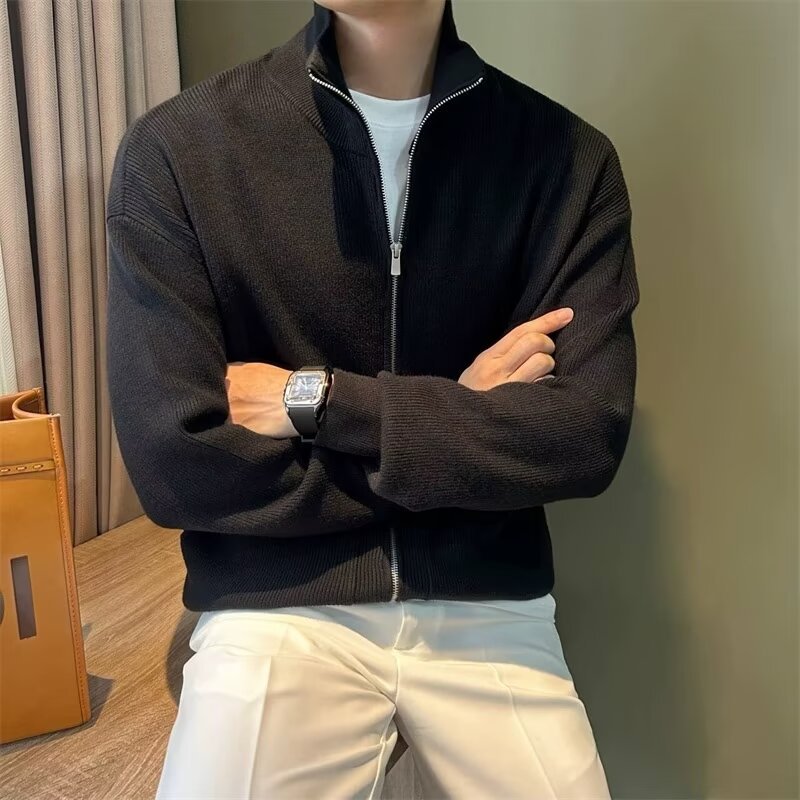 轻奢立领针织开衫外套男士春秋新款简约拉链纯色长袖毛衣男士上衣详情9