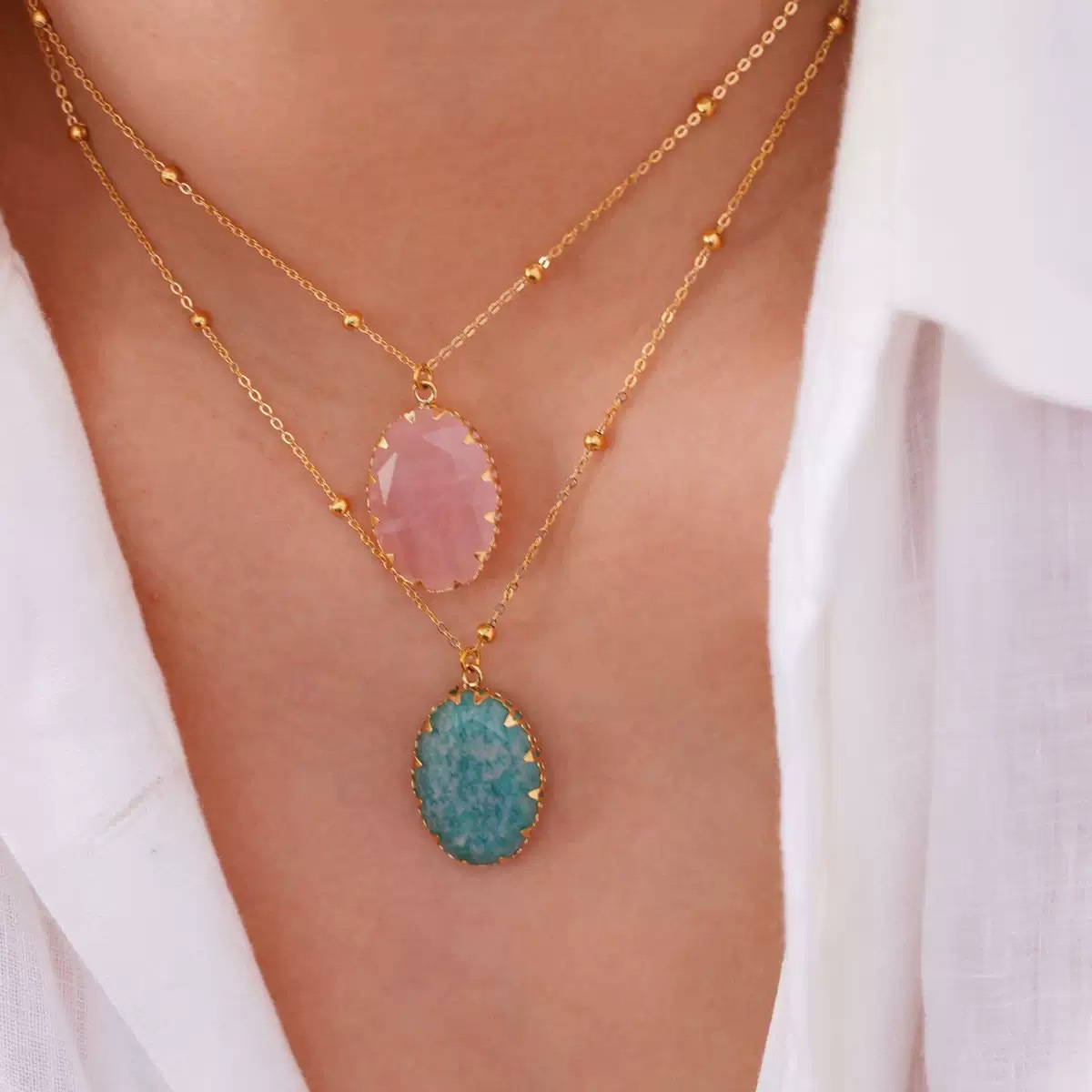 跨境ins时尚轻奢蓝色系列天河石不锈钢14K金项链简约高级手工项链详情11