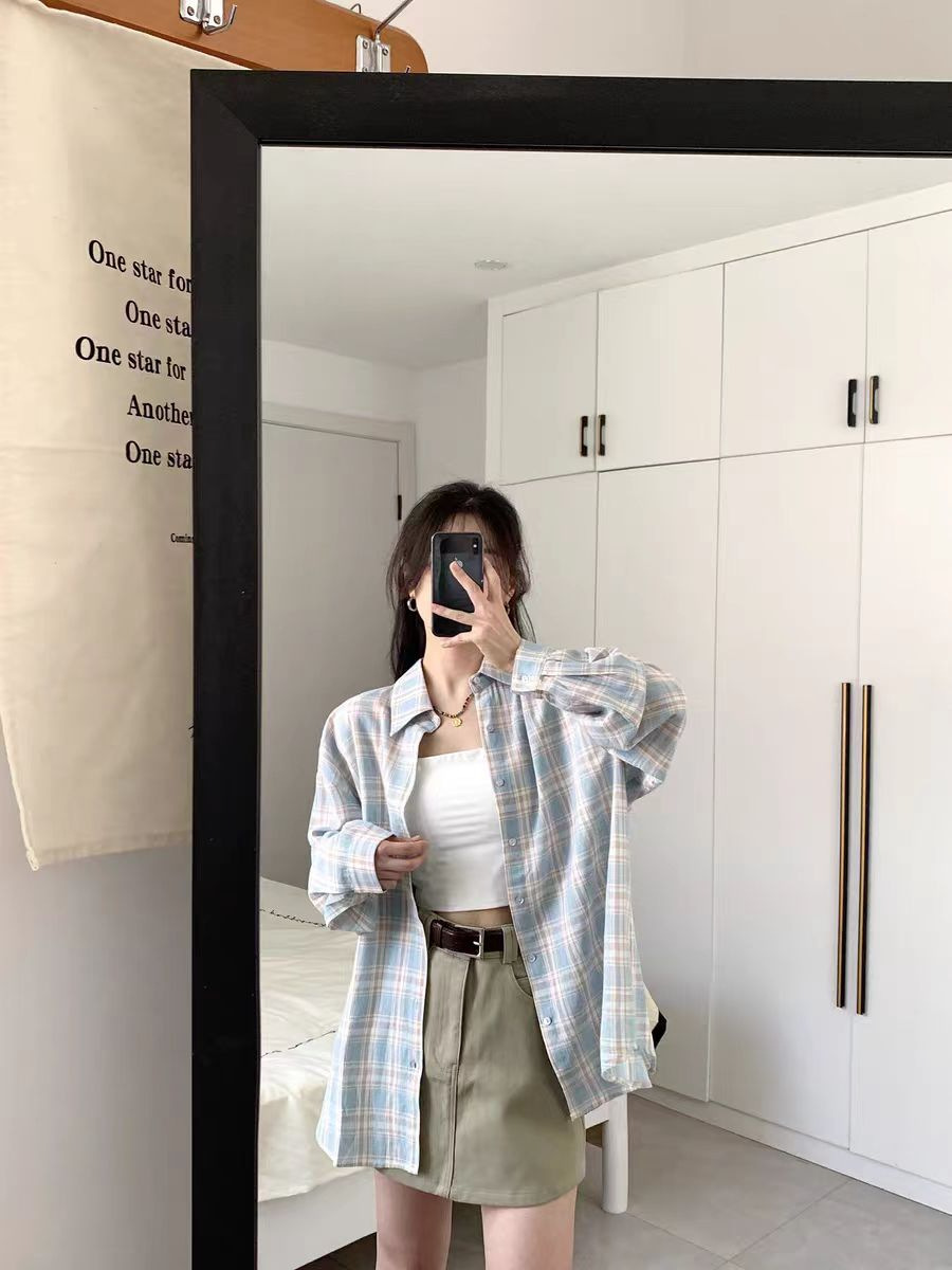 蓝白翻领长袖格子衬衫女秋夏宽松中长款小众衬衣休闲盐系防晒上衣详情8