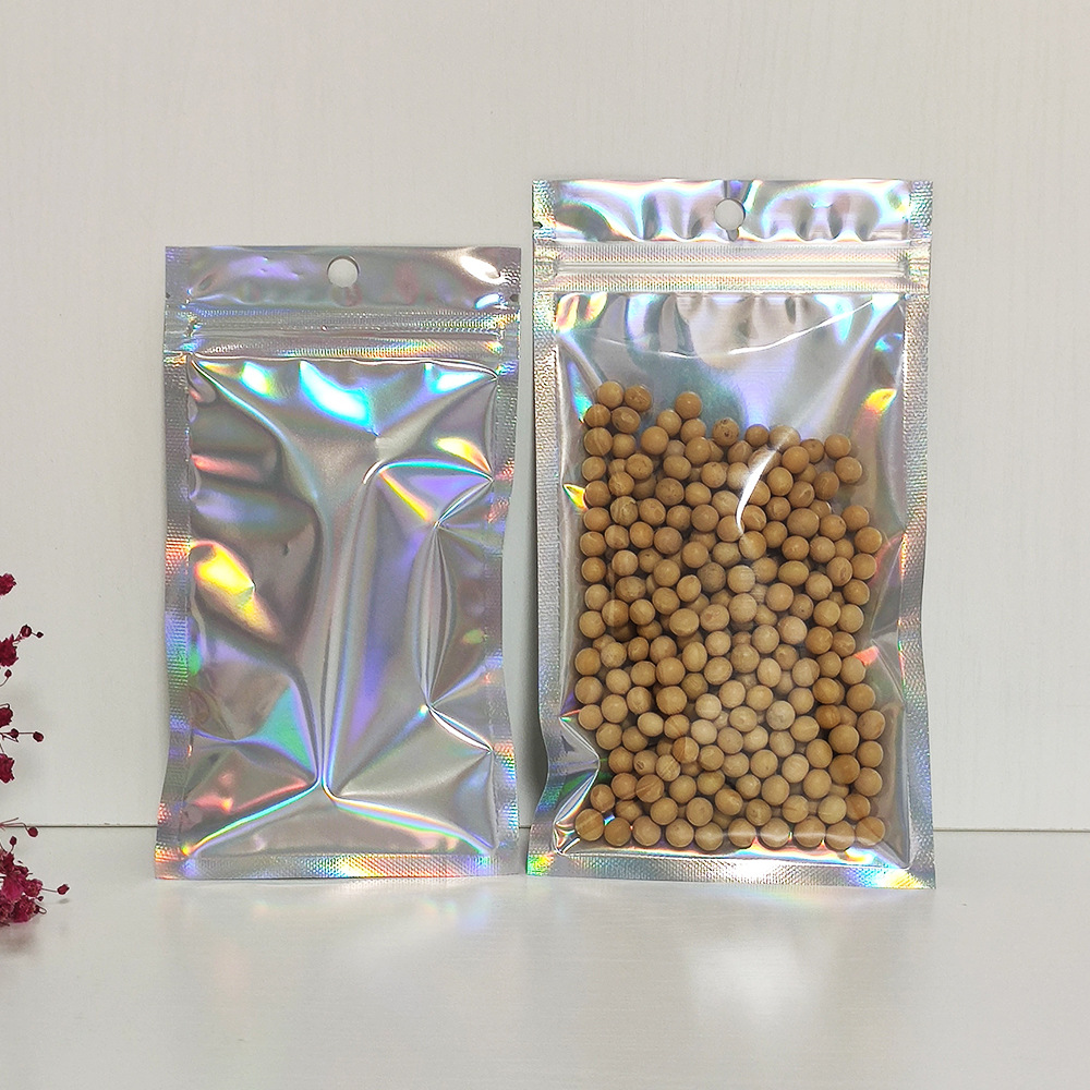 In-stock round-hole hanging hole laser rainbow film aluminum-coated yin-yang self-sealing bags, aluminum foil electronic product packaging zipper bags pic 2