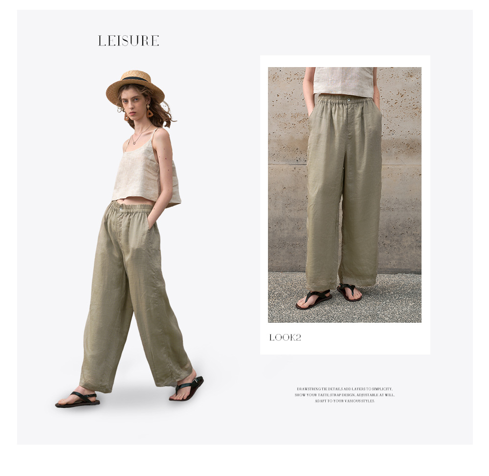 Pure ramie straight-leg pants for women, loose and slimming casual pants, loose spring and summer stretched-waist long pants pic 7