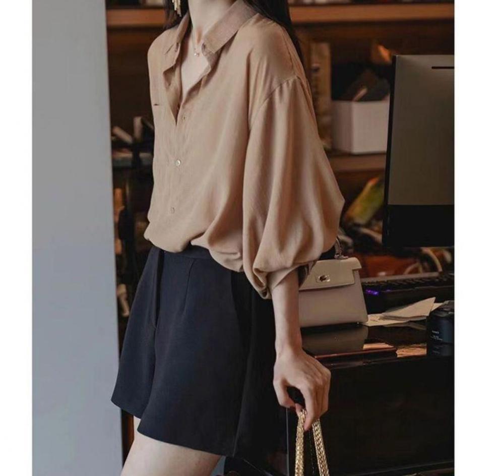 设计感灯笼袖衬衫女夏季新款韩版五分袖上衣复古宽松雪纺衬衣详情7