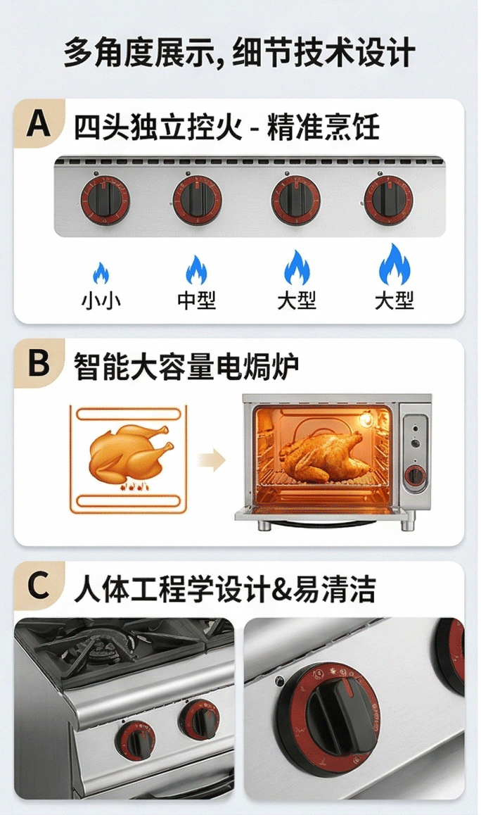 Kaiping commercial vertical gas four-head rice cooker with gas oven, hotel kitchen equipment, kitchen kitchenware equipment pic 4