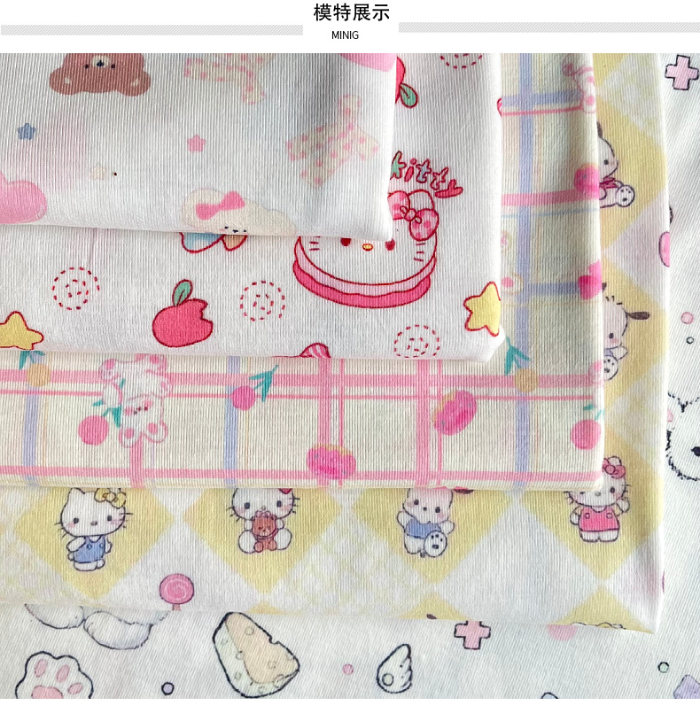 春夏时尚新品男女宝宝套装上衣可爱卡通印花弹力针织磨毛坑条面料详情5