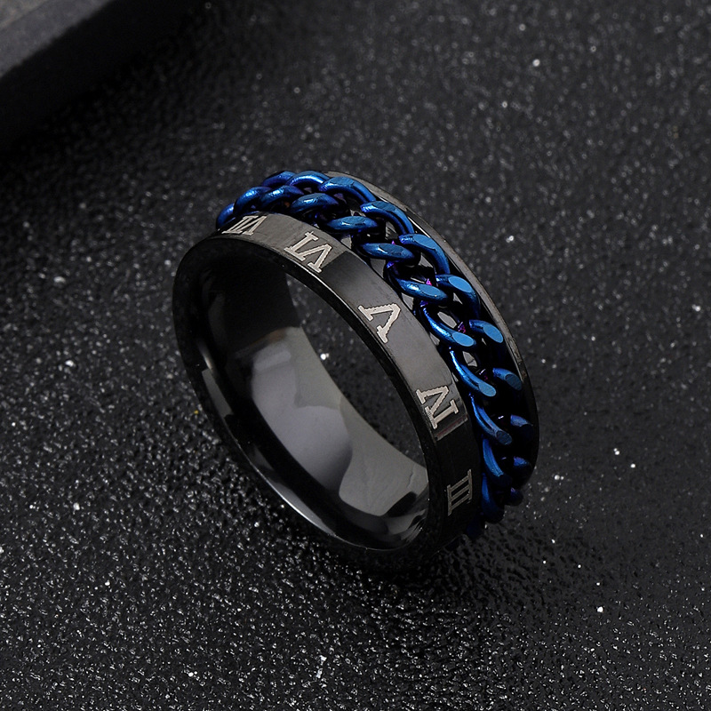 跨境欧美大气不锈钢饰品 打标罗马字可转动链条钛钢戒指 男士厂家详情3