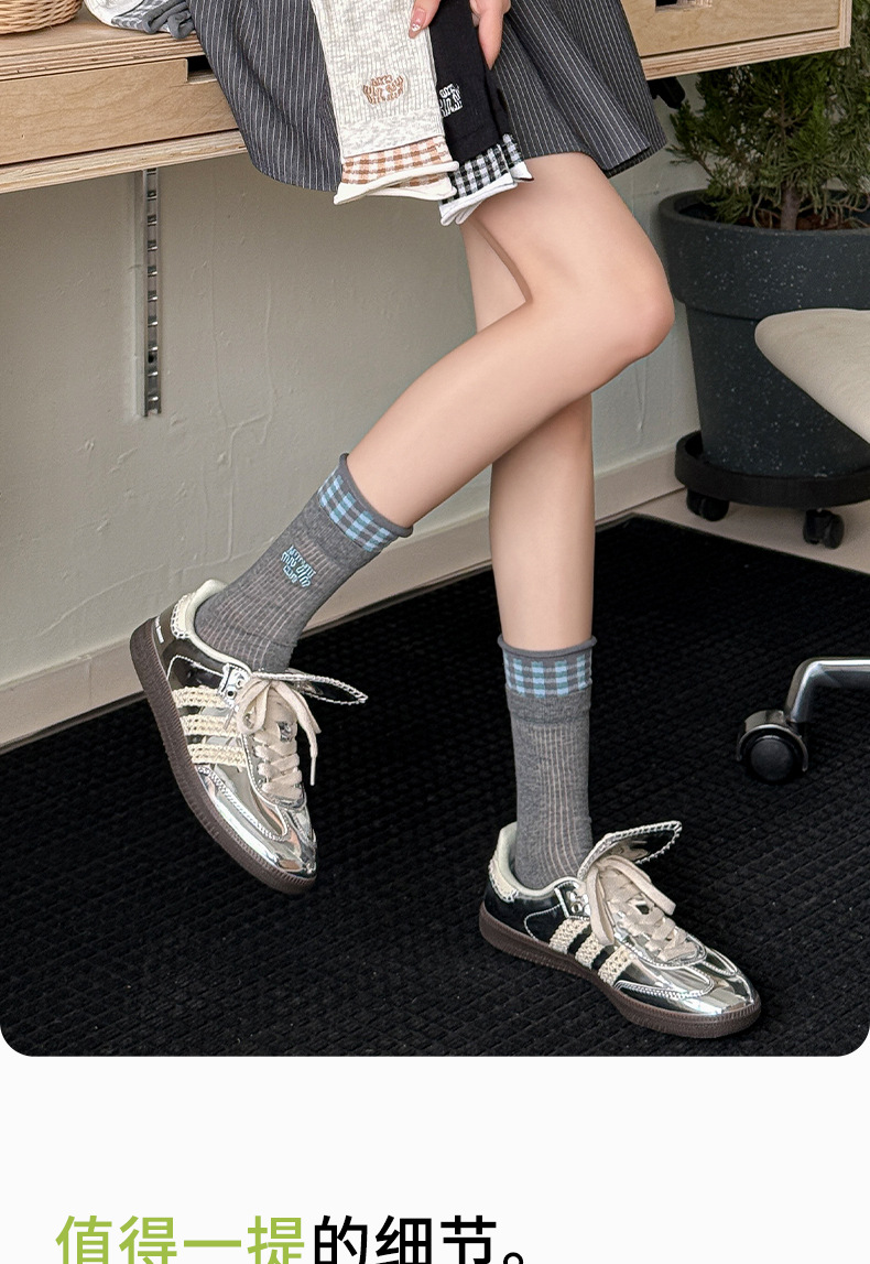 诸暨袜子女春夏季薄款无骨网眼透气堆堆袜双罗口格子miu风中筒袜详情16