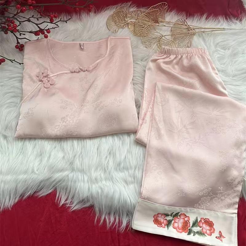 National Trend [Chest Cushion Style] Pajama story Chinese ice Silk Home Wear Long-sleeved Chinese style retro Mom Dress pic 3