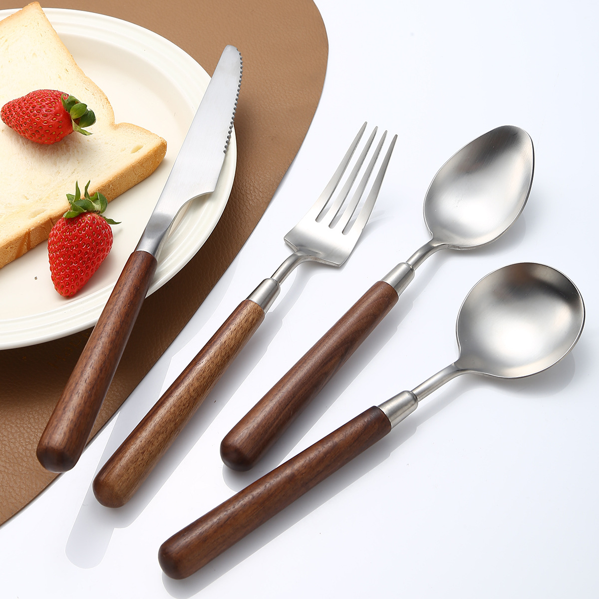 304 stainless steel knife, fork and spoon, light luxury retro walnut wood handle, Western cuisine brushed, restaurant household thickened soup spoon pic 10