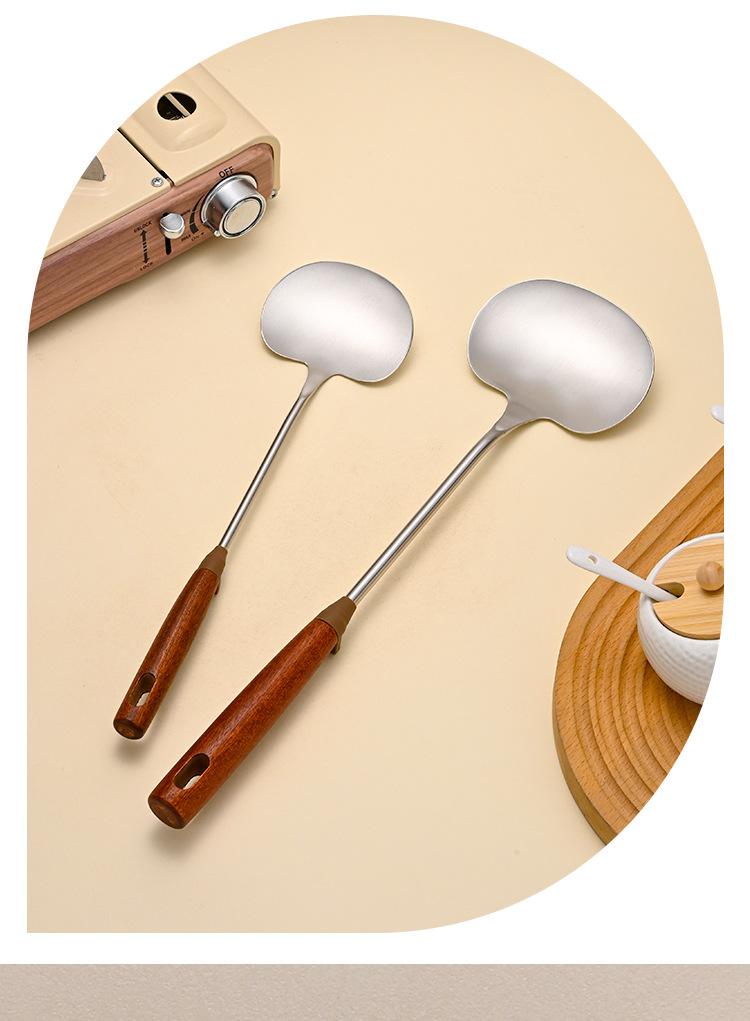 304 stainless steel mushroom spatula for household kitchen, wooden handle stir-frying spatula, sandalwood high-temperature resistant and anti-slip cooking pot spatula pic 5