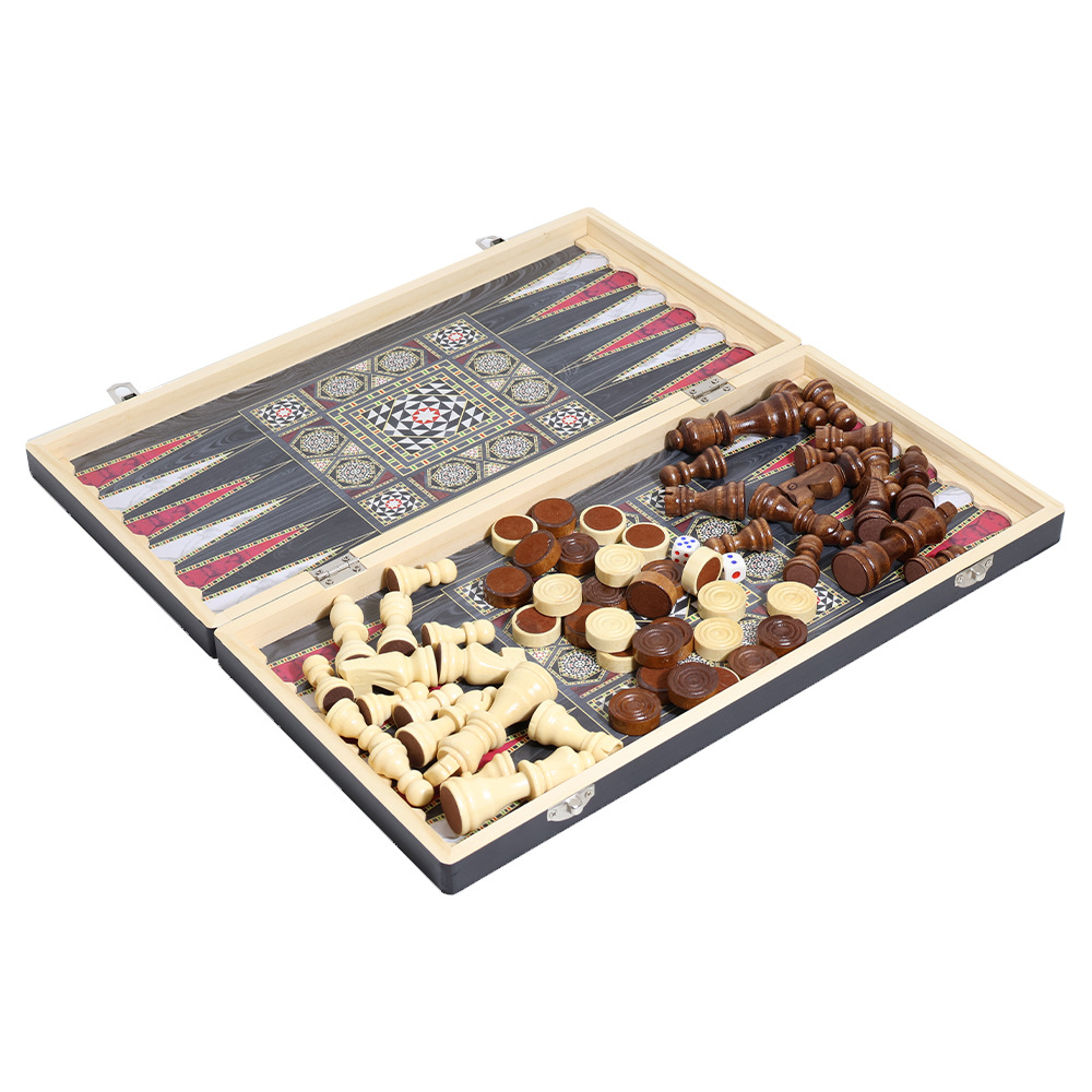 Wholesale of international chess casual entertainment chessboard with dark wooden patterns, three-in-one, high-end feel, portable folding, and for export pic 4