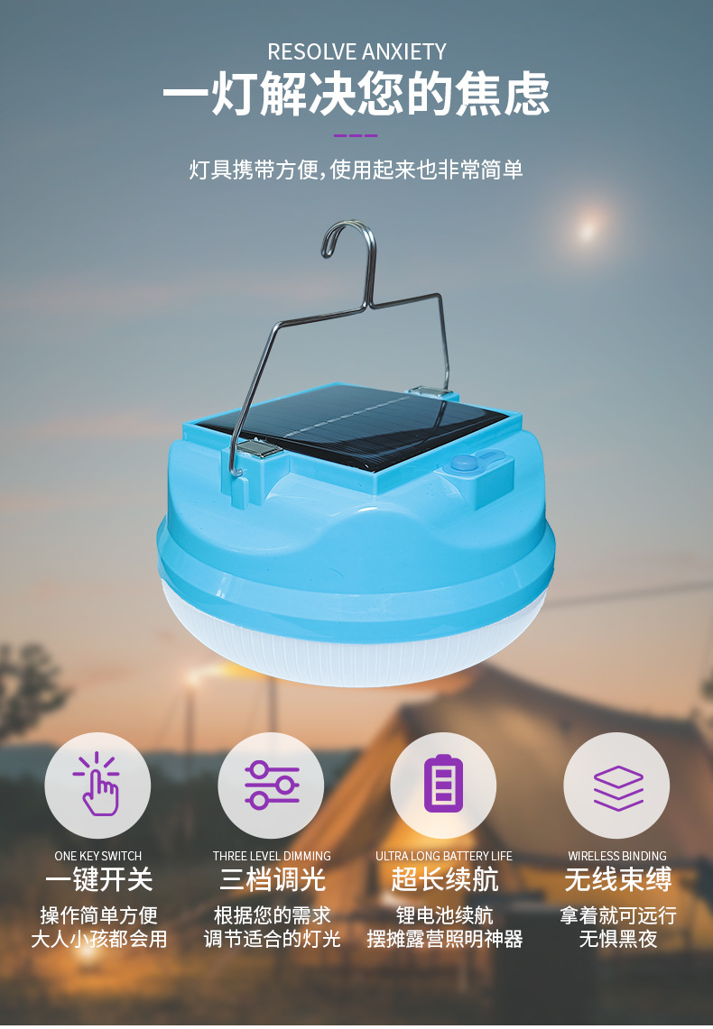 Cross-border new led solar emergency lights, household night market wireless bulb lights, outdoor waterproof tent camping lights pic 6