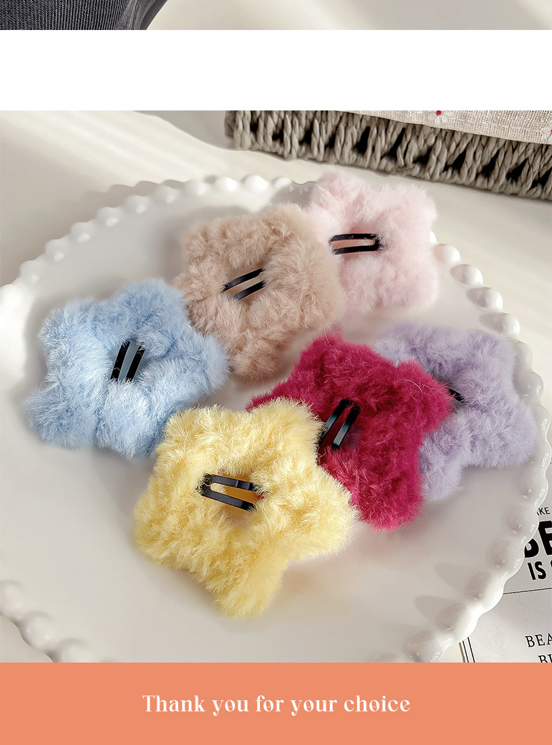 Cream-colored plush star hair clips, soft and cute five-pointed star hair clips, sweet and girlish bb clips, bangs clips, autumn and winter hair accessories pic 12