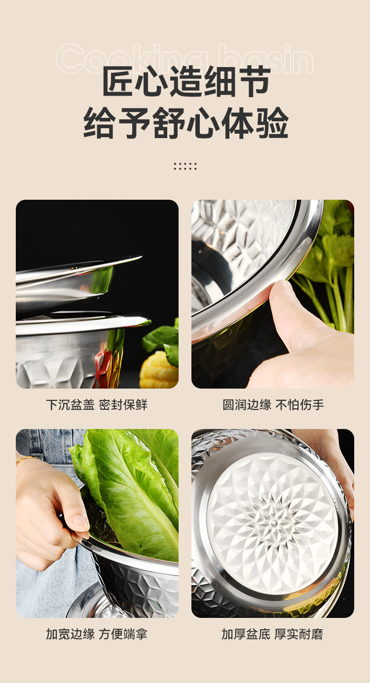 菱花盖盆新打蛋盆不锈钢料理盆加厚多功能菱花压花和面盆电磁炉详情13