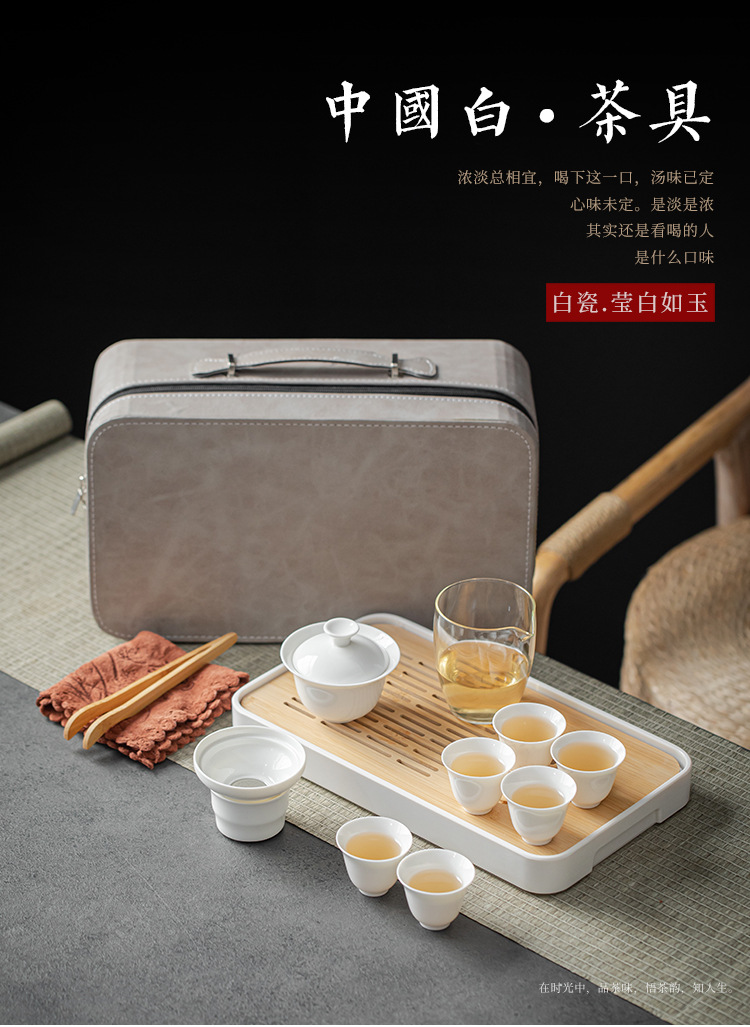 Dehua White Porcelain Kung Fu Travel Tea Set Company Annual Meeting Gift printed covered bowl Tea Cup with tea tray small set pic 1