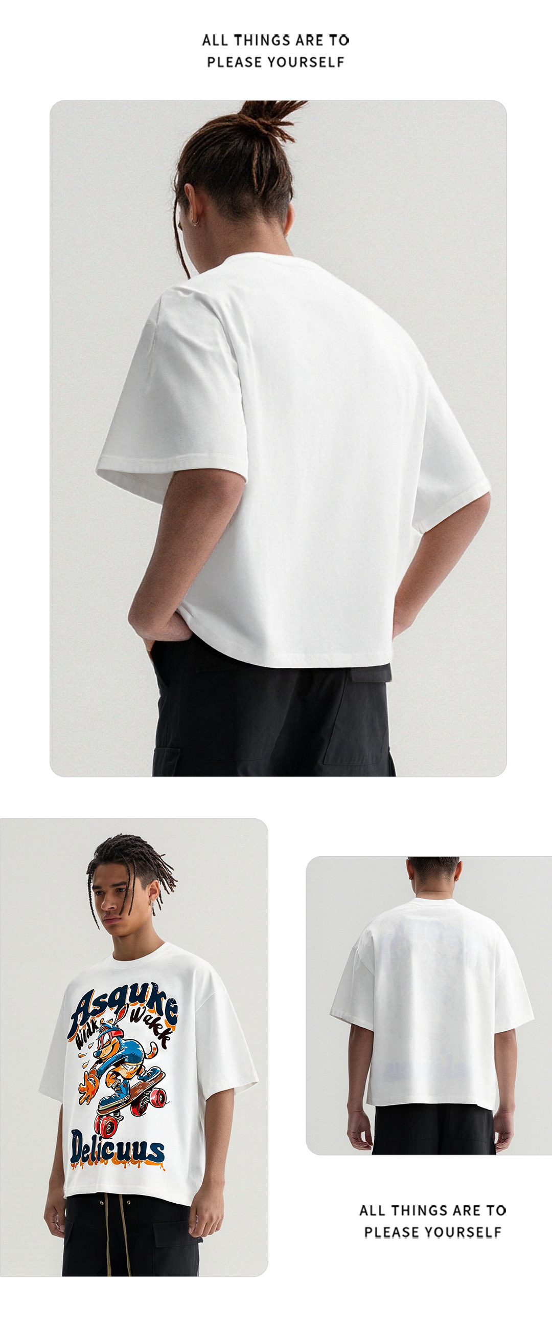 Fashionable printed T-shirt, white short-sleeved, cartoon duck, skateboard pattern and text, custom advertising clothes for men and women pic 6