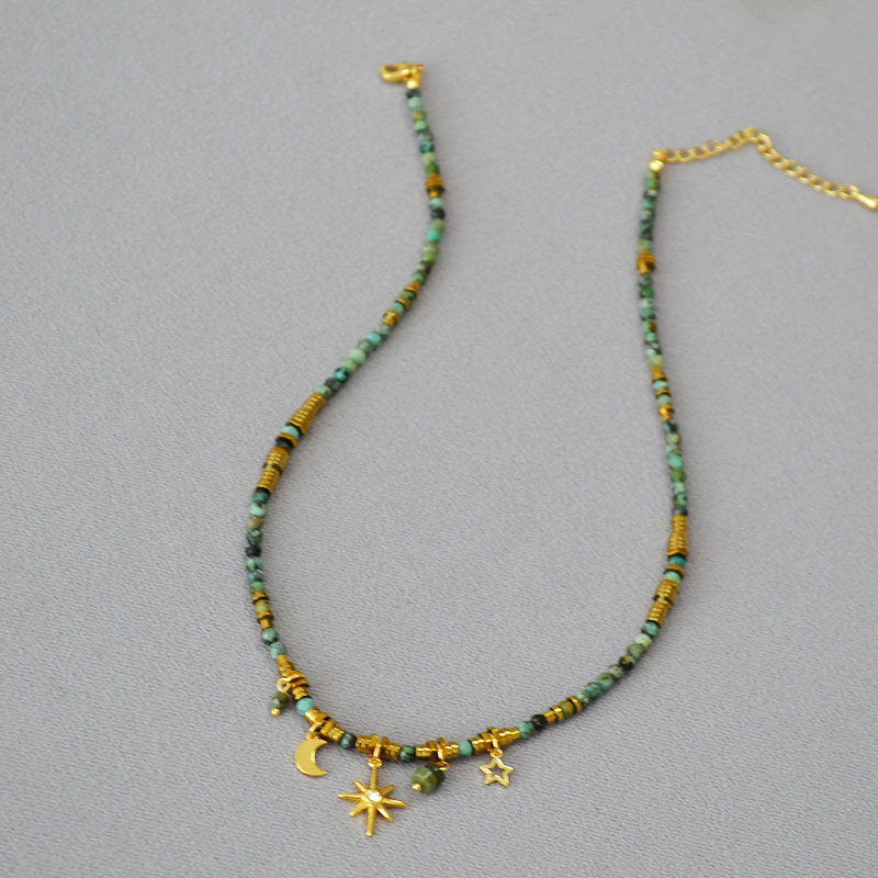 秋冬新款欧美小众设计复古文艺绿松石串珠星星月亮挂坠短款项链女详情14