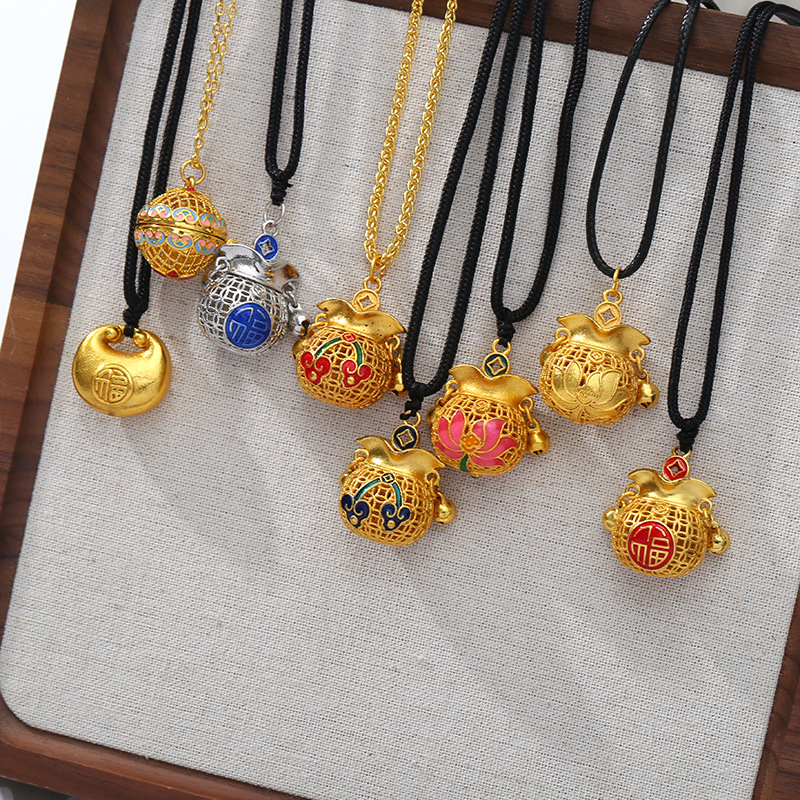 爆款新中式平安锁黑绳项链沙金黄铜吊坠金色福袋挂饰挂件现货批发详情2