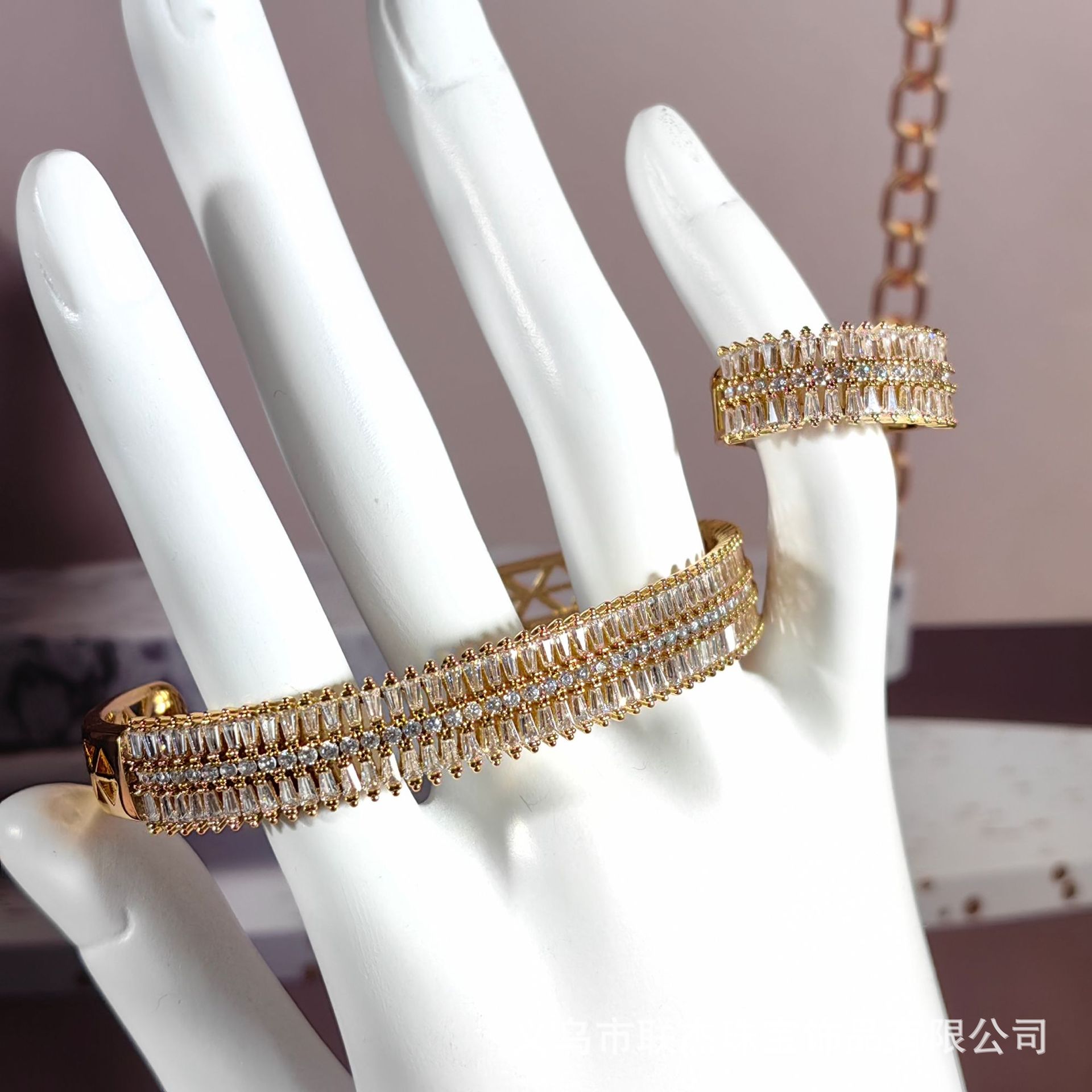 镶钻锆石开口18K真金电镀手镯戒指套装ins风设计感简约几何时尚网详情5