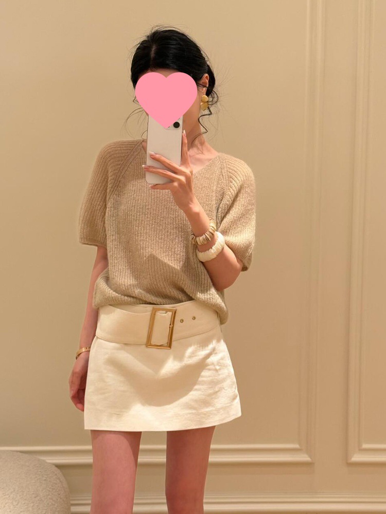 韩系气质高级感卡其色针织衫T恤女夏季高腰显瘦白色A字短裙两件套详情1