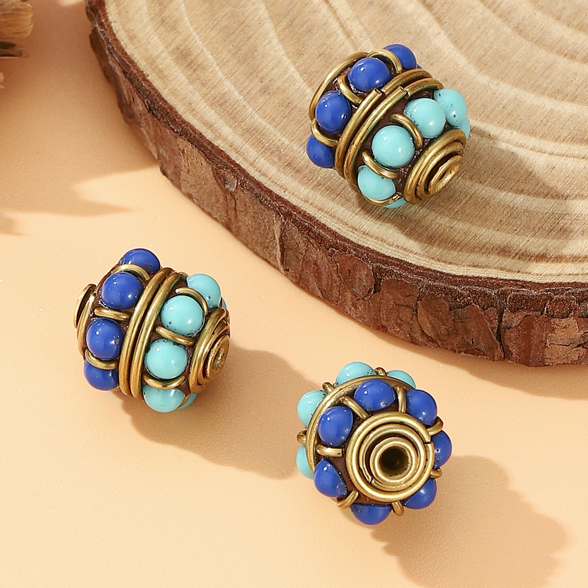 Nepalese bead heavy industry, Tibetan style, retro handcrafted bead, barrel bead, brass, blue turquoise DIY jewelry pic 3