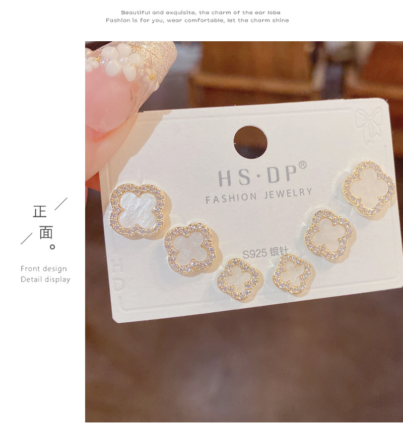 s925银针微镶锆石四叶花三件套耳钉女气质时尚简约小巧耳环耳饰女详情9